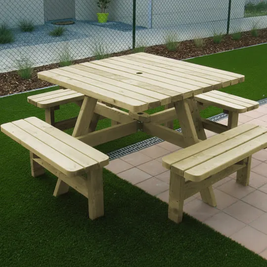 Vierkante picknicktafel 200 × 200 cm KING® — houten picknicktafel, 40 mm plankdikte