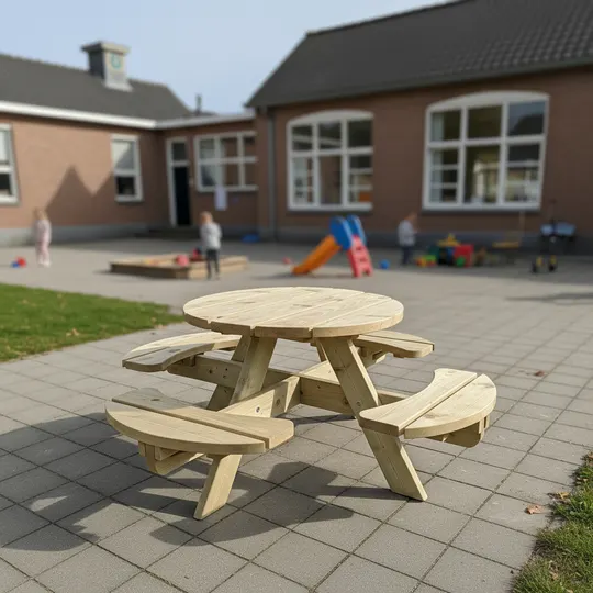 Ronde kleuterpicknicktafel Jimmy 120 cm KING® — houten picknicktafel, Kindermodel · 28 mm