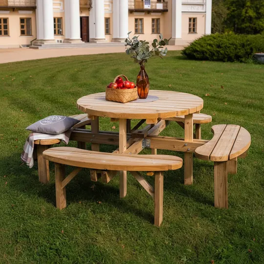 Ronde picknicktafel XXL 195 cm ROYAL KING® — houten picknicktafel, 45 mm plankdikte